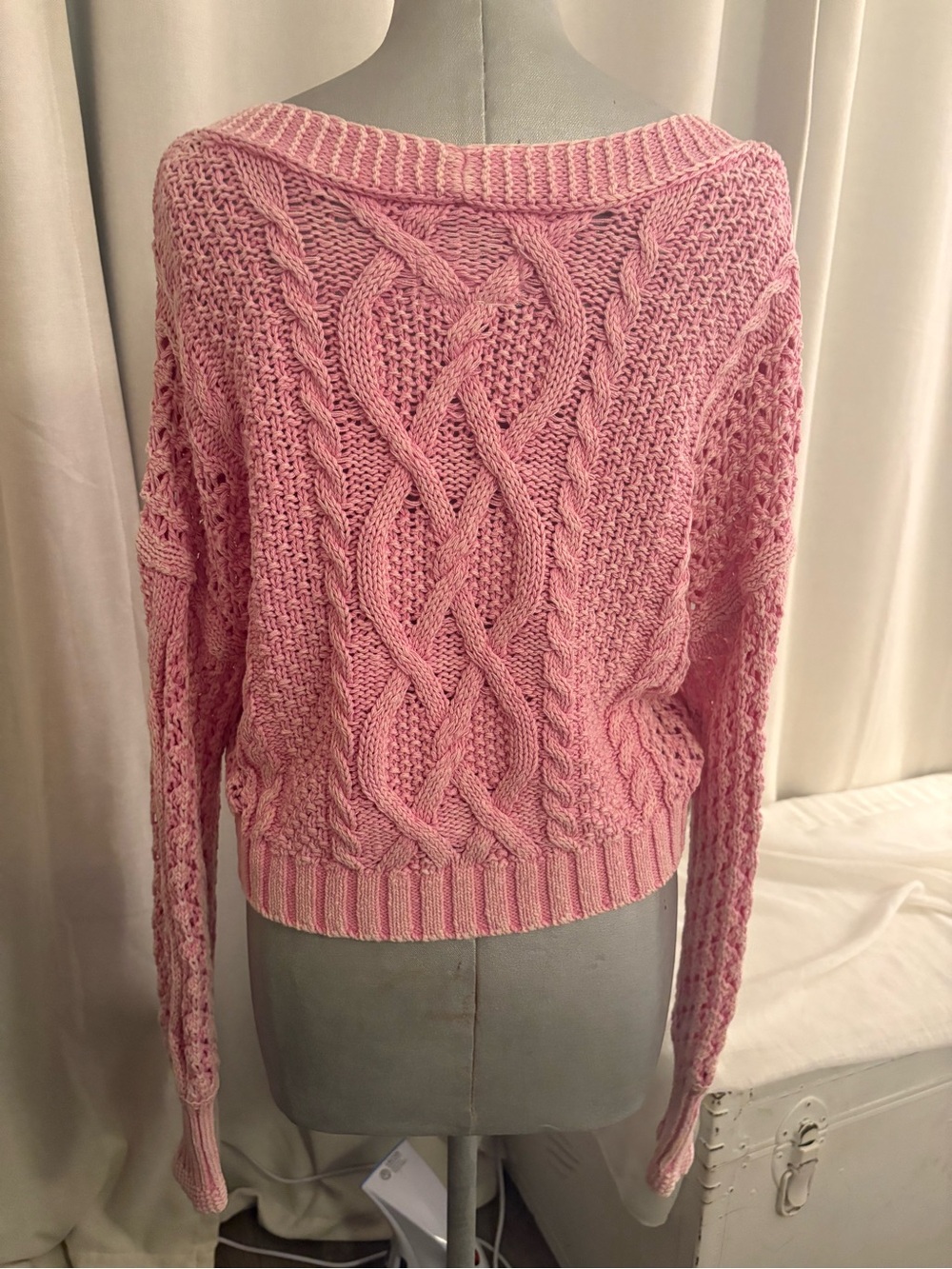 Pilcro Anthropologie Pink Cable Knit Cropped Cardigan Cotton Coquette  Y2K Sz XS - Picture 8 of 12
